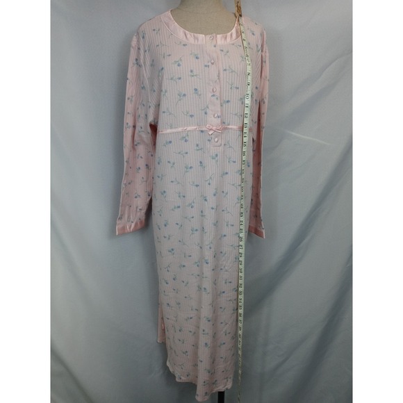 Delicates Womens Large Pink Floral Ribbed Knit Nightgown Sleep Dress Henley Cozy - Picture 8 of 10
